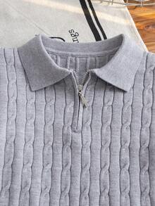 Boys' Gray Turn Collar Half-Zip Long Sleeve Knit Sweater With 3D Cable Knit Pattern, Minimalist Preppy Casual Versatile Pullover, Suitable For School Daily Wear In Spring, Autumn And Winter - Grey - View 4