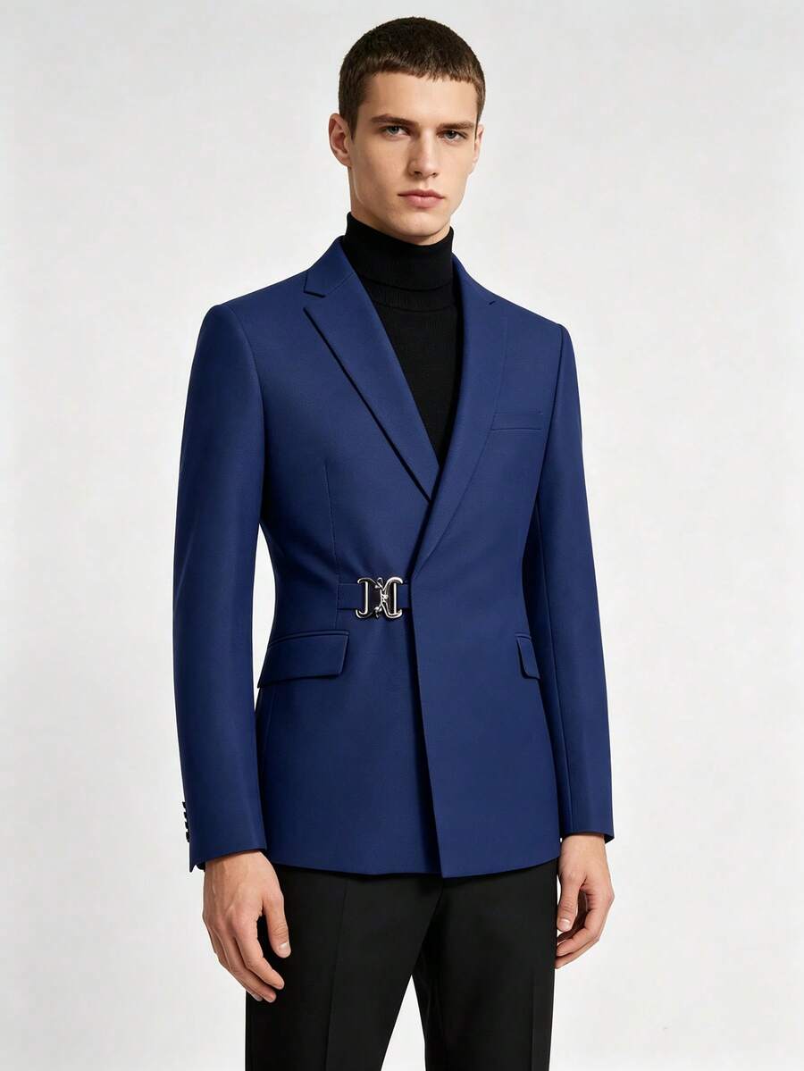 Men's Black Lapel Blazer, Metal Button Detail, Slim Fit, Formal And Casual Suit Jacket, Suitable For Business, Wedding And Daily Wear - Navy Blue - View 1