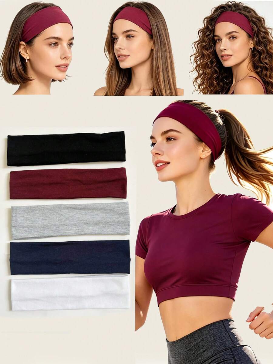 5pcs Elegant Sporty Wide Headbands, Solid Color Elastic Hairbands, Women's Face Washing Makeup Yoga Fitness Sports Headbands - Multicolor - View 1
