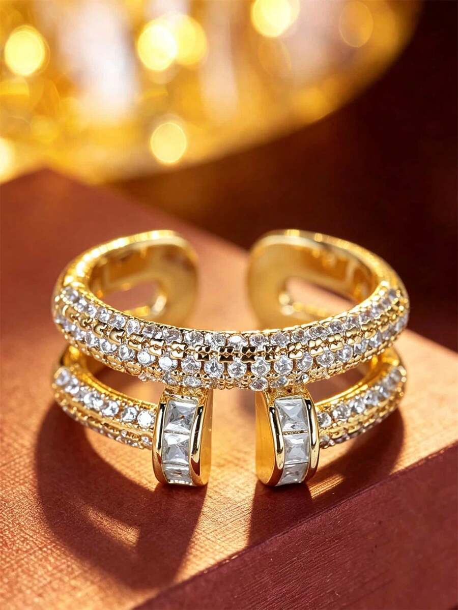 1pc European And American Luxury Double Layer Stackable Open Ring, Double Circle Round And Square Combination Design, Elegant Eye-Catching Women's Wedding Party Accessory Gift - Open Ring - View 1