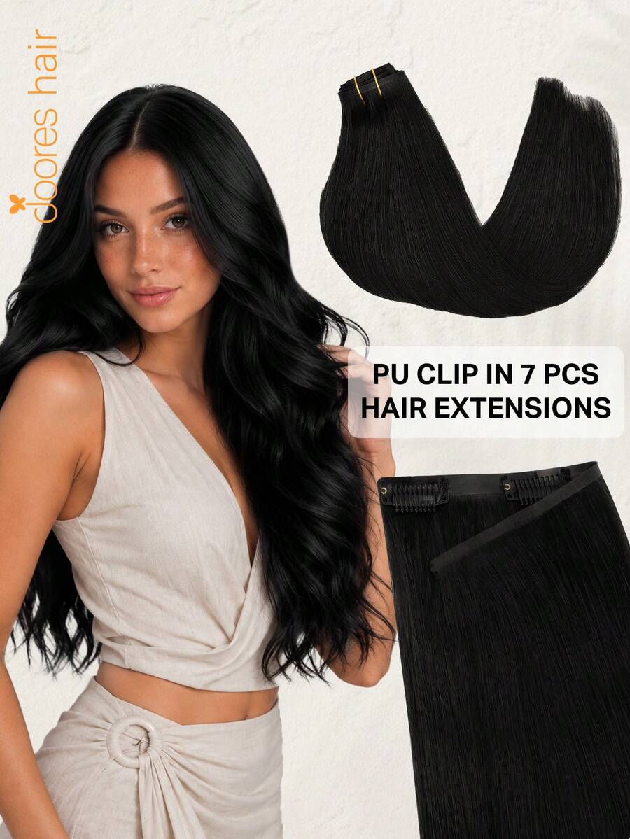 DOORES 14-24 Inch Seamless Clip-In Hair Extensions, 130g-160g 7pcs Real Human Hair Invisible PU Skin Weft, Jet Black, Natural Remy Straight Hair, Easy To Wear & Style - S1 - View 1