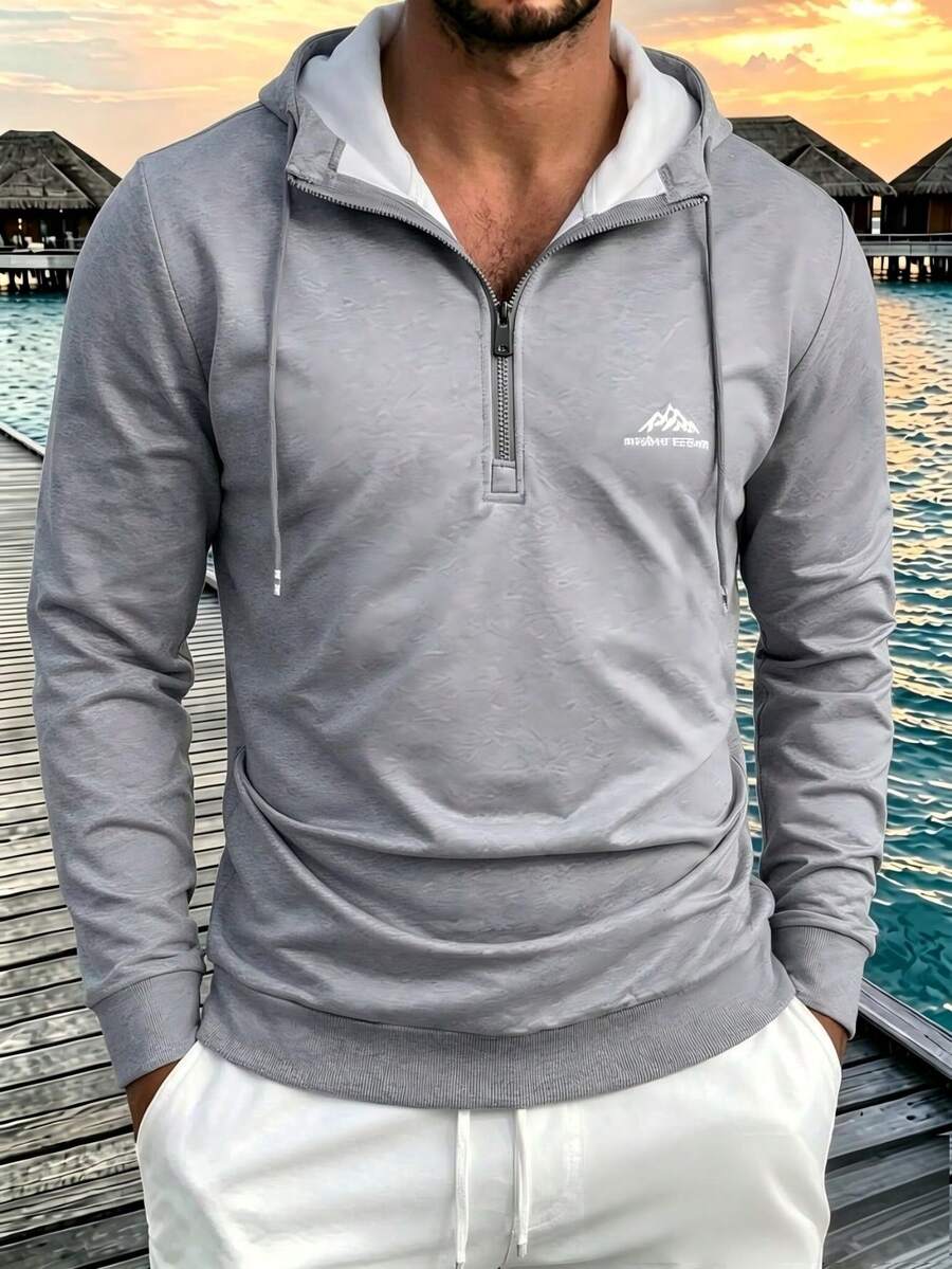 Men's Half-Zip Design Long Sleeve Sweatshirt, Soft And Comfortable For Autumn, Winter And Spring, Suitable For Outdoor Walking, Fitness, Running, Exploration, The Best Gift For Family - Grey - View 1
