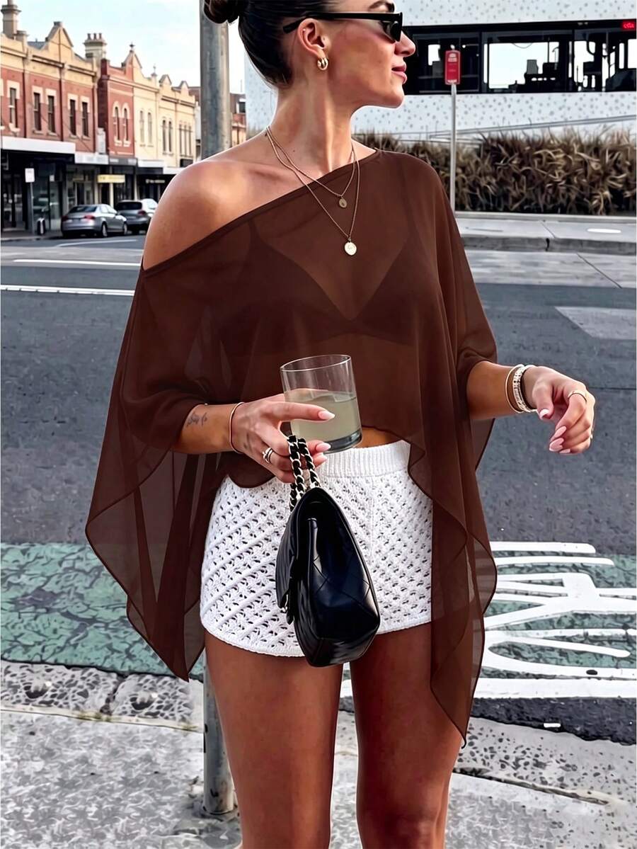 Women's Y2K Casual Vintage Sexy Romantic Fashion Loose Semi-Sheer Chiffon Cover Up, Women's Autumn/Winter Shawl, Women's Outing Top, Women's Cover-Up Top, Back To School Outfit - Coffee Brown - View 1