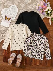 3pcs/Set Baby Girl Fashion Autumn Leopard Print Bow Long Sleeve T-Shirt, Children Simple Basic Elastic Ruffle Collar Spring Top - Multicolor - View 2