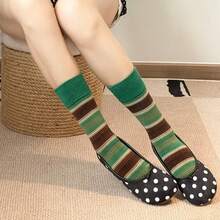 Guokr Store 여성 빈티지 스트라이프 중목양말 캐주얼 패션 2켤레 세트 사이즈 23-25cm - 그린+빈티지 - 보기 5