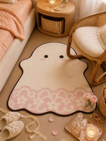 1pc Cute Ghost Shaped Area Rug With Lace Trim Hem, Kawaii Cream Character Floor Mat With Blush Cheeks, Soft Girl Aesthetic Bedroom Carpet, Coquette Dorm Room Decor, Irregular Novelty Accent Rug For Bedside Nursery Kids Room, Gift For Her