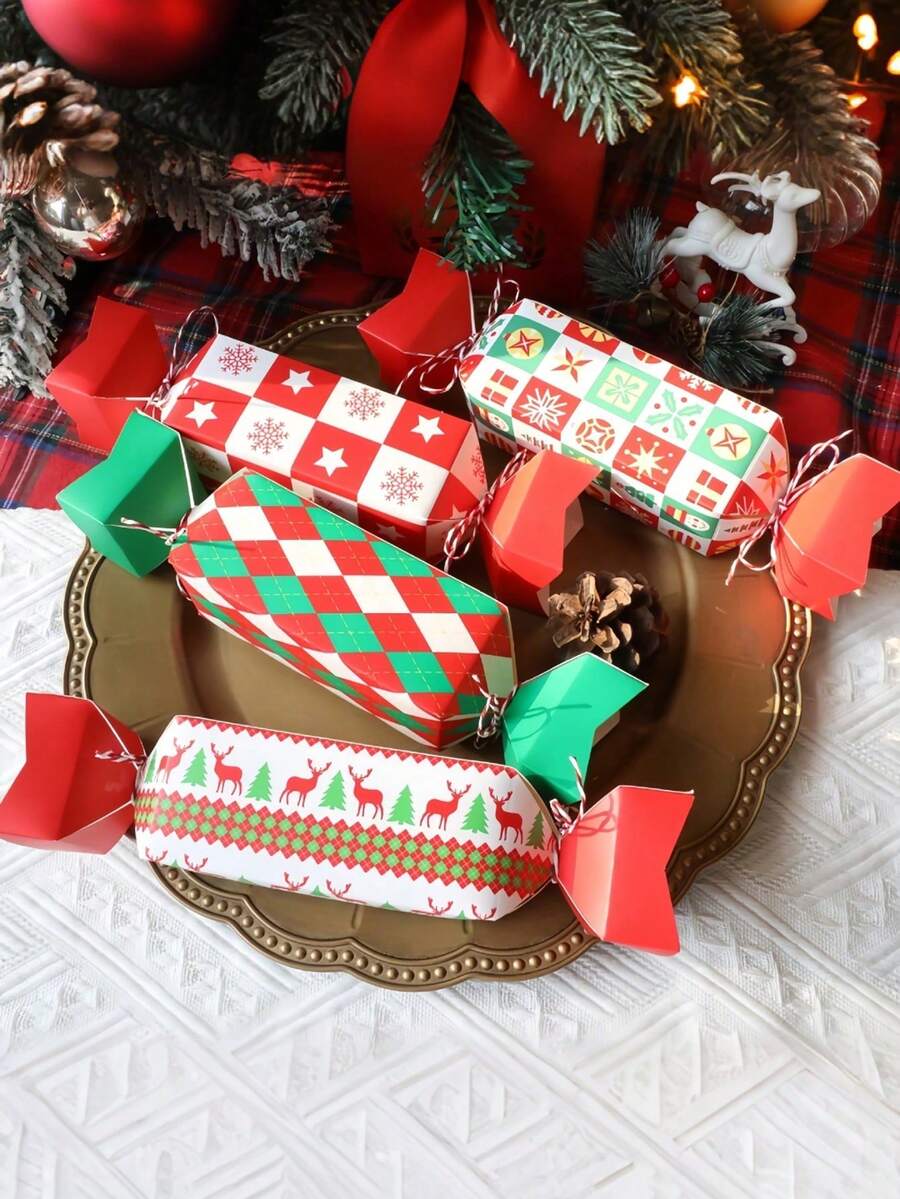 12pcs Christmas Candy Shape Gift Boxes With Ribbons - Cartoon Snowflakes, Reindeer, Christmas Tree Patterns Holiday Party Decorations - Compatible With Gift Wrapping Boxes For Christmas, New Year's, Birthdays, Weddings - Multicolor - View 1