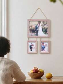 1pc Faux Wood 3-Piece Hanging Photo Frame Set, 10 Inch + 2pcs 5 Inch Jute Rope Connected Wall Hanging Photo Frames, Wedding Family Photo Wall Home Wall Decor - Multi-color - View 6