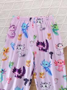 2pcs/Set Tween Girl Casual Digital Cartoon Hexagon Dinosaur Print Lapel Short Sleeve Top And Shorts Pajama Set, Flame Retardant, Ruffle Cuff And Hem Design, All Season, Tween Girl - Multicolor - View 10