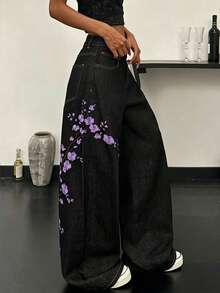 Korean Streetwear Unique Embroidered Women's Jeans Daily Commute Casual Loose Wide Leg Pants Comfortable All Season Versatile Long Pants (No Belt Or Accessories Included.) - Purple - View 7