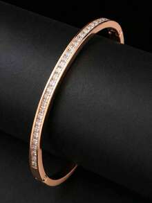 1pc Luxury Single‑Row Square Zirconia Thin Bangle, Stainless Steel Rose‑Gold Tone, Unisex Daily Wear Jewelry - Rose Gold - View 5