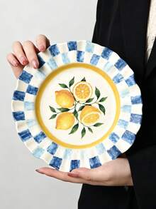 1pc French Wave Edge Fruit Ceramic Plate, Hand-Painted Plaid Plate, 8inch Plate, Steak And Pasta, Perfect For Bread, Cake, Dessert, Fruit, Salad, Mother's Day, Thanksgiving - Multicolor - View 14