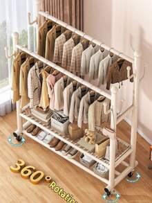 Double‑Rod Metal Garment Rack With Wheels, Thickened Clothes Drying Rack, Freestanding Movable Clothes Hanger Stand, With Double‑Tier Bottom Storage Shelves & Side Hooks, Bonus Hangers Included, For Bedroom Entryway Household Clothes Storage - Multicolor - View 10