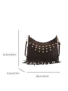 Women's Bohemian Tassel Crossbody Bag, Vintage Rivet Decor Shoulder Bag, Adjustable Strap Casual Daily Handbag, Suitable For Party And Travel - Coffee - View 8