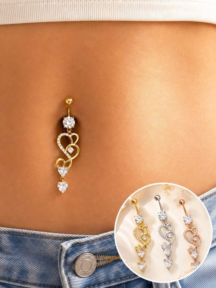 1 Pc Heart Dangling Belly Button Ring Sparkling Rhinestone Navel Piercing Jewelry For Women - Heart-shaped - View 1