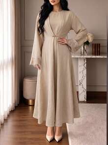 Women's Autumn Light Khaki Muslim Long Dress, Lace Bell Sleeve, Waist-Cinching, Frog Button Decor, Elegant Simple Modest Daily & Party Outfit - Khaki - View 2