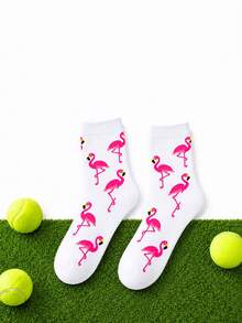 4 Pairs Women Flamingo Jacquard Tennis Crew Socks, White All‑Over Pink Flamingo Printed Rib Cuff High‑Stretch Moisture‑Wicking Wear‑Resistant Knit - Multicolor - View 8