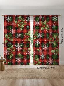 2Pcs Christmas Holiday Curtains, Vintage Red & Green Plaid Holly Snowflake Print Pattern Curtains, Semi-Blackout Rod Pocket Holiday Window Decor, Suitable For Living Room And Bedroom, Rod Not Included - Multicolor - View 14
