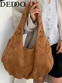 Dedoo Brown Suede Hobo Shoulder Bag, Metal Eyelet Rivets Large‑Capacity Retro Lazy Bag For Ladies Autumn Winter Commute Travel - Brown - View 2