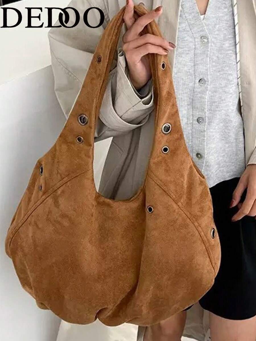 Dedoo Brown Suede Hobo Shoulder Bag, Metal Eyelet Rivets Large‑Capacity Retro Lazy Bag For Ladies Autumn Winter Commute Travel
