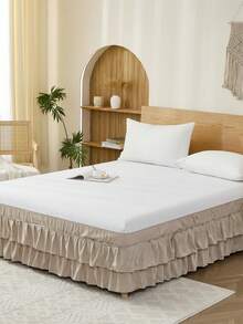 1pc Double-Layer Ruffle Solid Beige Bed Skirt (1 Piece Bed Skirt), Simple Pastoral Fresh Natural Classic, Polyester Fiber Comfortable All-Season, Applied To Bedroom Scenes And Home Decoration, Cottagecore, Ruffle Bedding, Cozy Bedroom - Camel - View 3