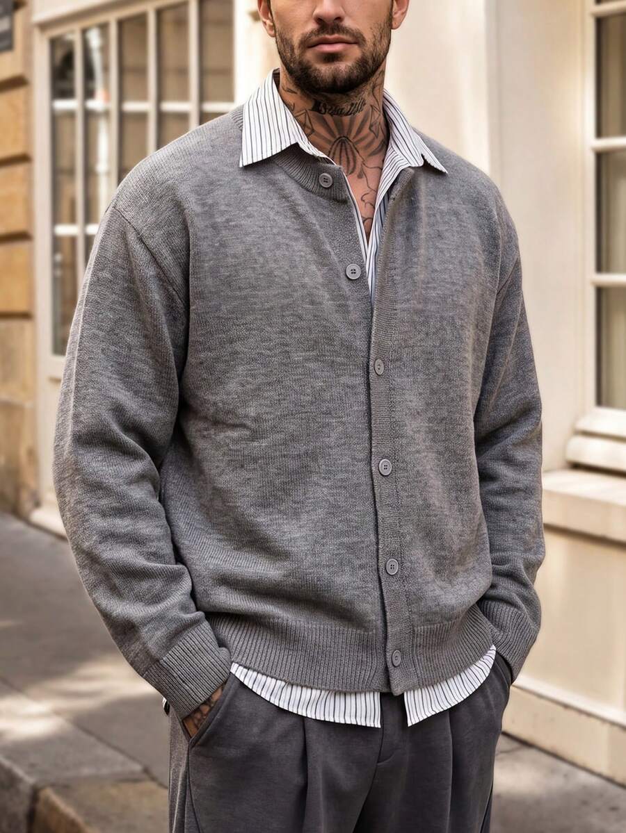 Men's Solid Light Grey V Neck Knit Cardigan, Button Down Loose Soft Layering Sweater Outerwear - Grey - View 1