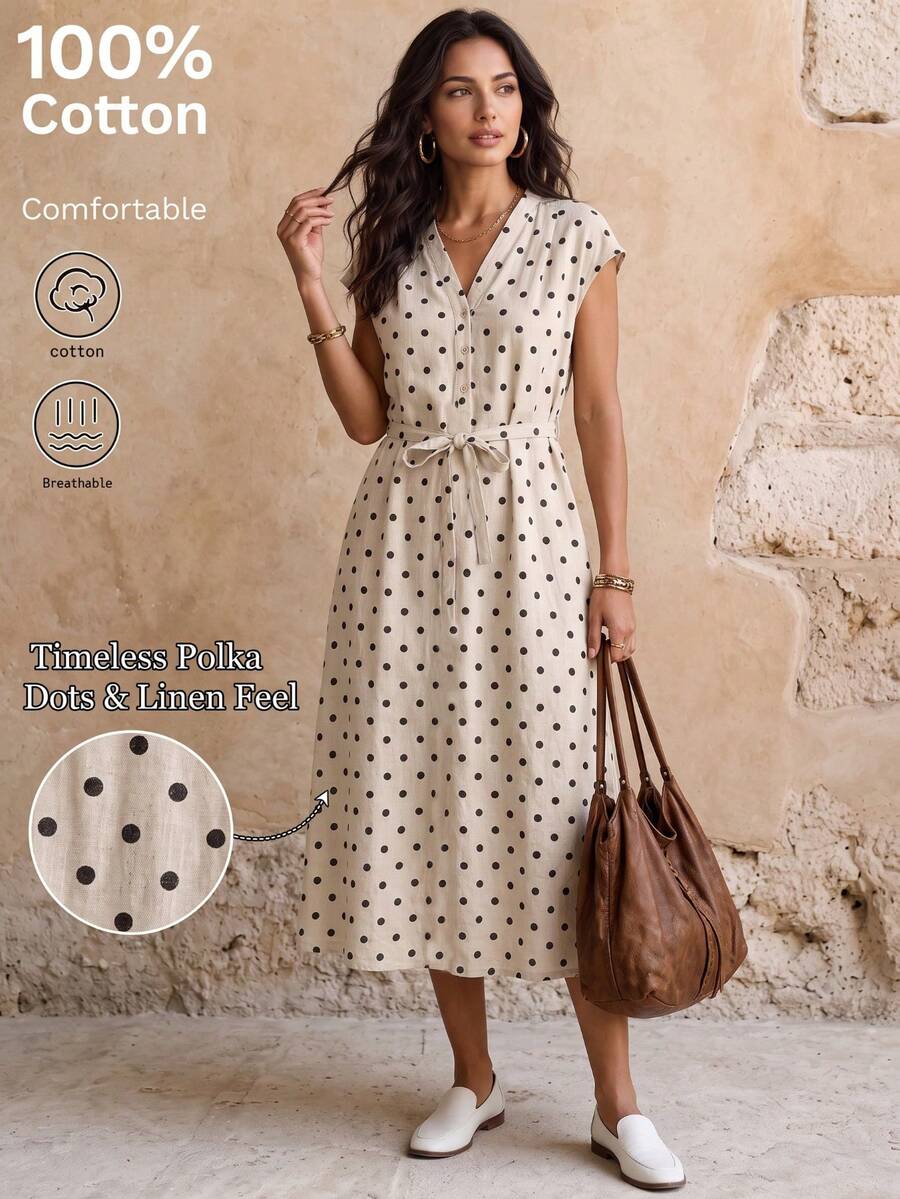 Autumn Elegant Vintage Casual Polka Dot Sleeveless Pocket Tank Dress, Lightweight Breathable All-Fabric, Versatile For Vacation, Daily Wear, Tea Party, Commute, Gathering And Outing, Spring/Summer - Beige - View 1
