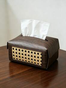 1pc Wood‑Grain Rattan Splicing Tissue Box Cover, Retro PU Leather Rectangular With Hollow Woven Panel & Snap Button, Dust‑Proof Storage Make Up Storage Organiser Desktop Decor, For Living Room Bedroom Hotel Daily Use All‑Season Household Ornament - Multicolor - View 16