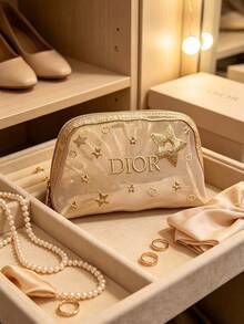 Dior Beige Cosmetic Pouch With Golden Star Embroidery And Dior Logo, Portable And Durable, Travel‑Friendly Makeup Storage Bag, For Personal Use And Gift Giving, DIOR‑GIFT‑199 - Champagne - View 3