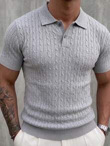 Men's Casual Classic Cable Knit Regular Shoulder Polo Collar Short Sleeve Top, Suitable For Summer - Light Grey - View 2