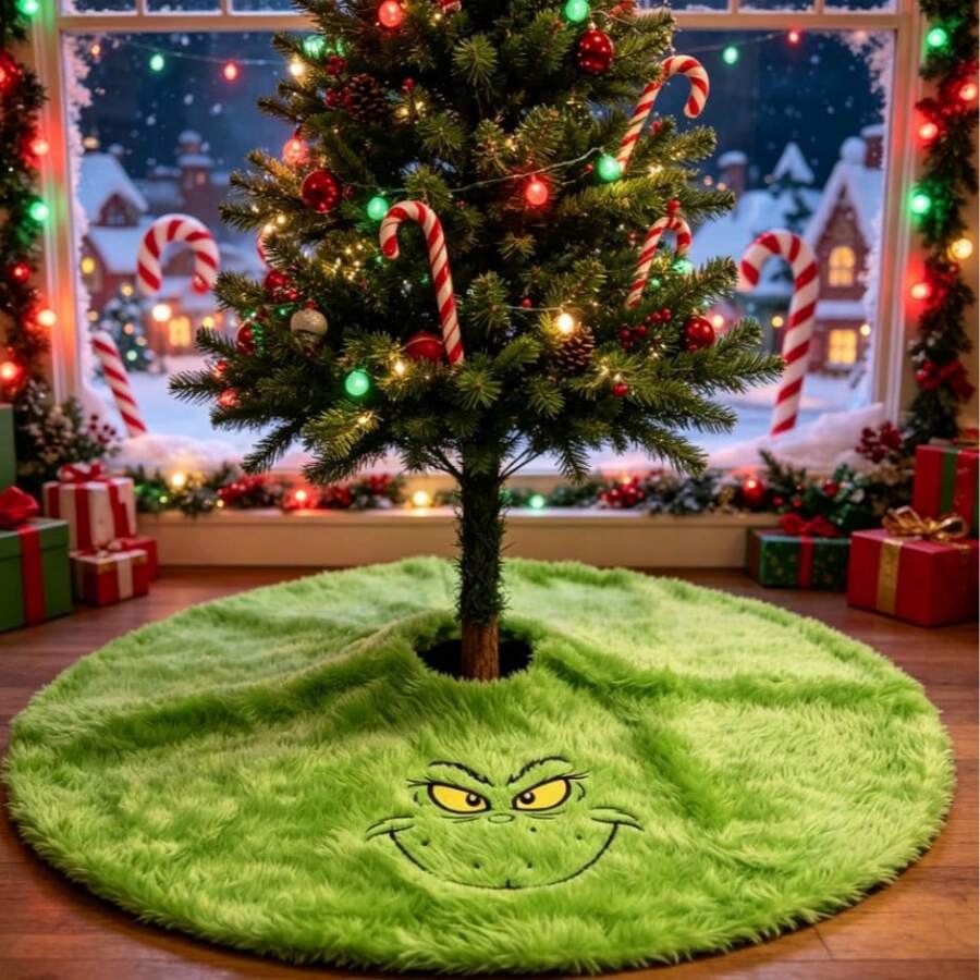The Grinch قطعة واحدة تنورة شجرة عيد الميلاد ذات الطابع، تنورة شجرة عيد الميلاد الطويلة من الفرو الناعم مع طباعة وجه مضحكة - متعدد الألوان - مشاهدة 1