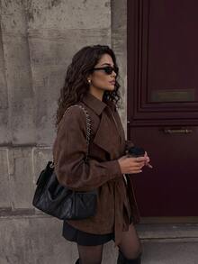 2026 Autumn/Winter Women's Raglan Long Sleeve Waist Tie Elegant Versatile Jacket - Rust Brown - View 4