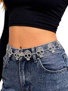 1pc Vintage Engraved Skull Chain Waist Belt Gothic Punk Halloween Costume Accessory For Women - Silver - View 2