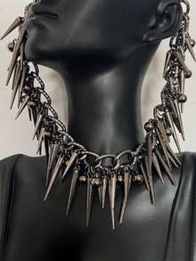 1pc Women's Necklace, Distressed Silver Metal, Rivet Round Bead Tassel Chain, Gothic Dark Punk Necklace, Party Gathering Dance Outfit - Silver - View 1