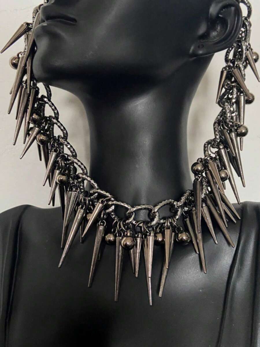 1pc Women's Necklace, Distressed Silver Metal, Rivet Round Bead Tassel Chain, Gothic Dark Punk Necklace, Party Gathering Dance Outfit - Silver - View 1