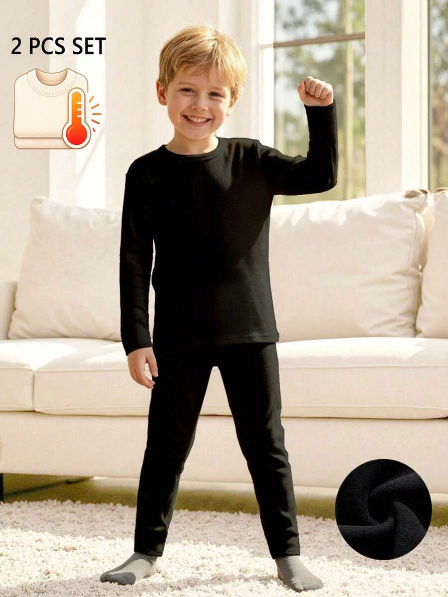 2pcs/Set Boys' Teen Winter Black Double-Sided Fleece Top And Pants Set, Suitable For Layering, Fits 4-14 Years Old - Black - View 1