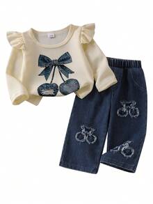 Baby Girl Spring/Autumn Casual 2-Piece Set, Waffle Knit Flutter Sleeve Long Sleeve Denim Cherry Bow Print Top + Dark Denim Frayed Hem Cherry Patchwork Straight Leg Pants - Apricot - View 4