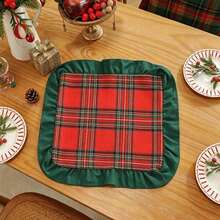 1pc Christmas Plaid Dual-Panel Velvet Fabric Ruffle Table Runner, Suitable For Christmas Holidays And Home Decor - Red Grid - View 9