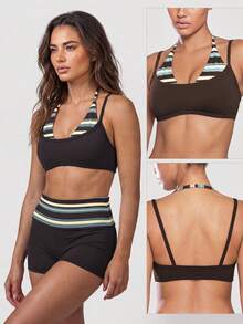 Sodalemon Women's 2 In 1 Striped Colorblock Yoga Sports Bra, Halter Neck Double Strap Padded Backless Gym Pilates Workout Top - Brown - View 8