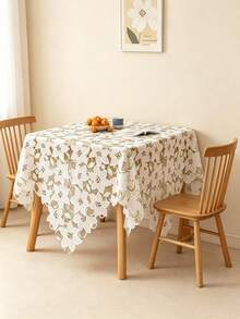 1pc Pink/White Floral Embroidered Hollow Tablecloth, Square Decorative Table Cover, Vintage Style Dining Table Home Decor, Suitable For Daily Home Decoration - White - View 3