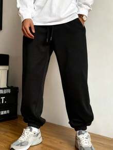 Men's Summer Comfortable Fit Drawstring Waist Seasonal Jogger Black Sport 3-Thread Sweatpants RF0649 - Black - View 2
