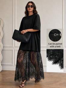 Women's Black Loose Short Sleeve Knit Dress, Lace Patchwork Mid-Length French Casual, Elegant For Dating, Vacation, Street Wear (Belt Not Included) - Black - View 2