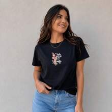 Camiseta Feminina Estampada sonhe Planeje Confie Ore Moda Verão Confortável 100% Algodão Premium Manga Curta Básica - Preto - Visão 1