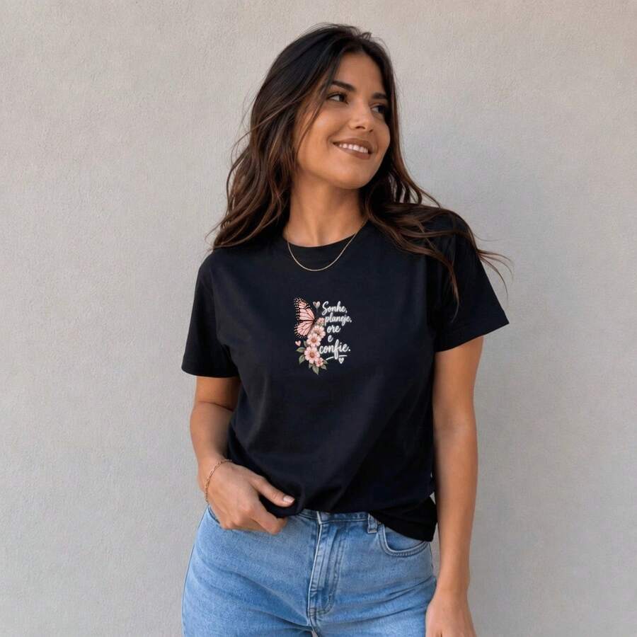 Camiseta Feminina Estampada sonhe Planeje Confie Ore Moda Verão Confortável 100% Algodão Premium Manga Curta Básica - Preto - Visão 1