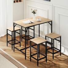 Bar Table Set With 4 Bar Stools, 5-Piece Table Set, Steel And Oak - Oak Color - View 1