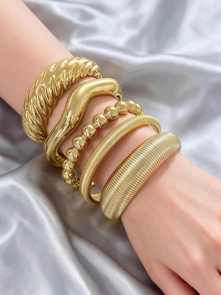 5pcs Gold-Tone Bracelet Set, Lightweight CCB Material, Textured Layered Mix & Match Bangles, Suitable For Daily, Party And Vacation Wear - Gold - View 1