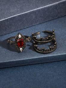 3pcs Fashion Gothic Red Cubic Zirconia Rings, Gothic Style Combined With Dark Elements Ring Set, Unisex Suitable For Halloween, Easter And Matching Gothic Style Clothing - Black - View 2