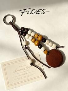 1PC Woven Rope Wooden Bead Pendant With Round Wooden Disc Charm, Personalized Artistic Textured Hanging Ornament, Daily Bag Decoration Accessory, Beaded Craft Decorative Pendant - Multicolor - View 9