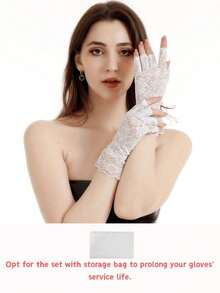 1pair/2/3pcs Wedding Lace Gloves, Hollow Embroidery, Valentine & Christmas, Romantic & Elegant, Fingerless/Full.(Gloves: Main Items, Pouch: Accessory) - Black - View 16