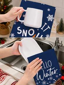 MEMNUN 2 Pcs Deep Blue Snowflake Winter Cartoon Snowman Printed Pattern Kitchen Towels Dish Cloths, Ultra-Fine Microfiber Polyester Material, Let It Snow Hello Winter Winter English Slogan Holiday Decorative Hand Towels Christmas Home Fabric Hanging Towels, Home Decor, Kitchen Decor, Christmas Decor, Suitable For Restaurant Kitchen, Holiday Decoration And Gift Giving, 40*60cm/45*70cm - Multicolor - View 10